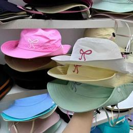 Wide Brim Hats Bucket Hats Ins cute pink bow Str bucket cap suitable for women Ins 2024 summer Korean outdoor camping sunny quick drying fishing J240429