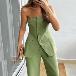 Women's Two Piece Pants Solid Colour Women Suit Elegant Top Wide Leg Set For Off Shoulder Bandeau Style With Pockets High Waist Ol