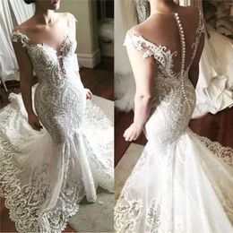 Gioiello a sirena a sirened abito da sposa abito da sposa abito collo illusione in pizzo applique tulle sweep treno su misura creato di novità plus size country