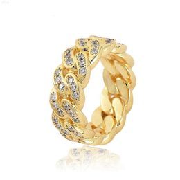 European and American Single Row Full Diamond Zircon Cuban Ring 18k Gold Mens Charm Jewelry