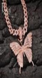 Uwin Iconic Butterfly Pendant 9mm Rose Gold Cuban Chain Cubic Charm Pink Tennis Chain Necklace Men Women Hip Hop Jewellery Gift6493285