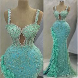 Ebi May Mermaid Aso Mint Prom Feather Crystals Luxurious Evening Formal Party Second Reception Birthday Engagement Gowns Dress Robe De Soiree Zj264