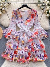 Casual Dresses Holiday Multi Layered Pleated Flare Sleeve Ruffles Dress Women V Neck Lace Up Flower Print Bright Silk Chiffon Mini Vestidos