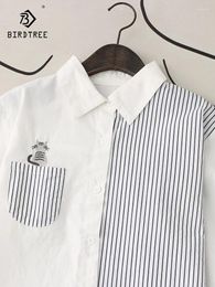 Women's Blouses Autumn Cotton Embroidery Shirts Women Lapel Collar Striped Tops Girl Long Sleeve Loose Basic 2024 Spring T41331QC