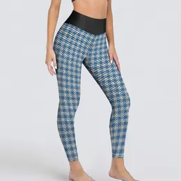 Women's Leggings Plaid Print Yoga Pants Women Blue And White Gingham Sexy High Waist Sports Tights Stretchy Printed Workout Leggins