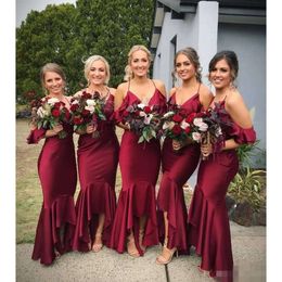 Brudtärna sjöjungfru spaghettiklänningar remmar 2019 Bury High Low Off the Shoulder Maid of Honor Gown Custom Made for Beach Wedding