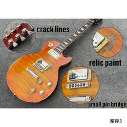 Stocking!Electric guitar orange flame burst top relic with special crack lines headstock aged line not real crack lines chrome parts small pin bridge