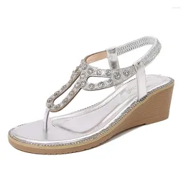 Casual Shoes Beige Heeled Sandals Clogs Wedge 2024 Women's Female Shoe Large Size Flip Flops Platform Black Thick Rhinestone Comfort Girl
