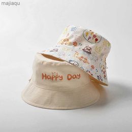 Caps Hats Summer Baby Bucket Hat Boys and Girls Letter Double Sided Childrens Fisherman Hat Cartoon Tryckt Childrens Panama Sun Hatl240429