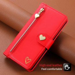 Fashion design Gold Zipper Card Pocket Leather belt Case for Apple iPhone 15 14 Pro XR13 Multi Card Foil Stamping Heart 360 full protection
