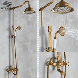 Set Antique Brass Bathroom Shower Set Faucet Bath Shower Mixer Tap 8" Rainfall Head with Hand Sprayer Bathtub Faucets Wall Mounted