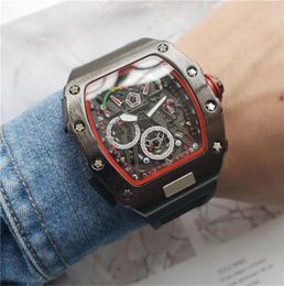 New Fashion Fullfunction menswear Quartz Watches personality barrel shape skeleton watch black silicone watch strap 9638956
