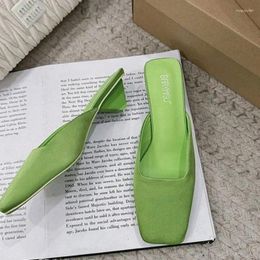 Dress Shoes Green Elegant Silk Fabrics Women Slippers Special Fashion Style Low Heels Square Toe Outwear Shallow