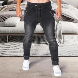 Men's Jeans Trendy Denim Pants Male Slim Bottoms Washable Lace-up Trousers Zipper