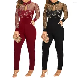 Running Sets Rompers Womens Jumpsuit Elegant Floral Print Mesh Glitter Party 2024 Spring Long Pants One Piece Overalls Monos Mujer