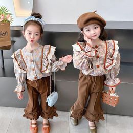Clothing Sets Girls' Autumn Suit 2024 Fashionable And Ruffle Edge Retro Children's Bell Pants