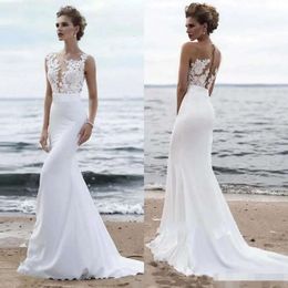 Chiffon Dresses Lace Beach 2020 Applique Boho Mermaid Covered Buttons Back Sweep Train Bateau Neckline Illusion Wedding Bridal Gown