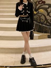 Autumn Elegant Two Piece Skirt Set Women Button Pleated Y2K Mini Suit Female Casual Korean Fashion Designer 240425