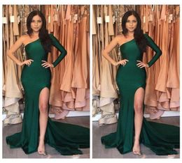 Simple Emerald Green Side Split Evening Dresses 2017 One Shoulder Long Sleeves Mermaid Stretch Satin abendkleider Prom Party Celeb8057593