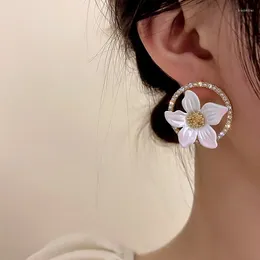 Stud Earrings Chic Sweet Shine White Flower For Women Round Romantic Rhinestone Women's Ear Studs Classic Girls Jewellery Accessories