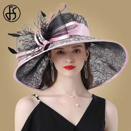 Wide Brim Hats Bucket Hats FS Pink Wide Brim Hats Kentucky Derby Hat For Women Elegant Church Purpe Hats Big Feather Fedora Ladies Wedding Tea Party Fedora Y240426