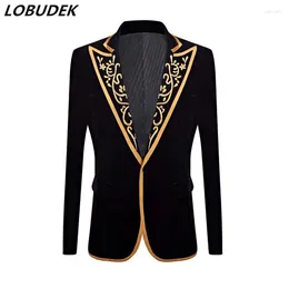 Men's Suits Vintage Embroidery Court Tuxedo Black Velvet One Button Suit Jacket Male Wedding Groom Formal Blazers Performance Clothes