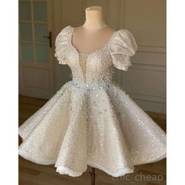 EBI ARABISKA BEADE CRYSTALS ASO Wedding Dress Paljett Spets A-Line Short Summer Beach Brudklänningar klänningar ZJ ES