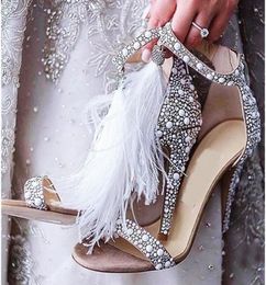 Fashion Runway y Feather Fringe Sandals Women Rhinestone Pearls Studded High Heels Summer Bridal Wedding Shoes Woman Sexy Ope5967971