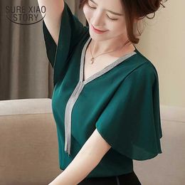 Women's Blouses Shirts Womens Tops and Blouses Women Short Slve Shirts White Chiffon Blouse Womens Clothing V-Neck Solid Color Women Blusas 3897 Y240426