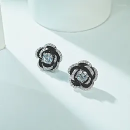 Stud Earrings Xiaoxiangfeng Black Camellia 925 Silver Ear Studs Set With High Carbon Diamonds Versatile And Fashionable Wedding Jewelry