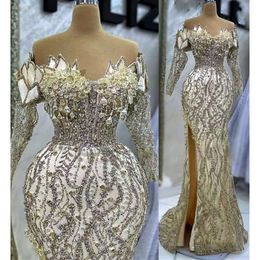 Gold Ebi April Mermaid Aso Prom Dress Crystals Beaded Lace Evening Formal Party Second Reception Birthday Engagement Gowns Dresses Robe De Soiree Zj508 es