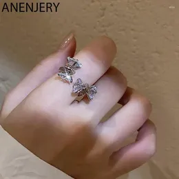 Cluster Rings ANENJERY Silver Colour Shiny Zircon Bowknot Open Ring For Women Exquisite Korean Fashion Accessories