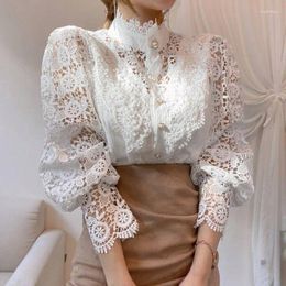 Women's Blouses TingYiLi Stand-Collar Hollow Out Lace Blouse Shirts Women Spring Summer Korean Style Elegant Long Sleeve Black White Beige
