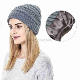 Beanie/Skull Caps 2022 Fashion New 9 Colours Womens Winter Warm Knitted Hat Satin Silk Lined Cable Knit Beanie Chunky Slouchy Skull Cap d240429