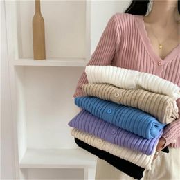 Women's Knits 2024 Basic Coats Fashion Knitted Crop Cardigan Women Korean Short Sweater Long Sleeve V Neck Waist Clothing