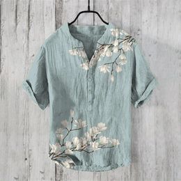 Men's Casual Shirts Japan Fashion Small V-Neck Henley Shirt Vintage Japanese Art Magnolia Flower V Neck