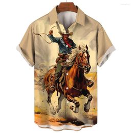 Men's Casual Shirts Vintage Western Design Fashion Hawaiian 3D Printed Short Sleeved Tee Shirt Lapel Button-up Tops Aloha
