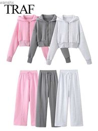 Women's Two Piece Pants TRAF 2024 womens solid sportswear hooded pants set long sleeved hooded jacket casual drawstring pants rotating womens pipe topL240429