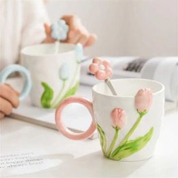 Mugs Ins style tulip ceramic cup 3D design creative relief girl heart coffee cup birthday and Valentines Day gift J0428