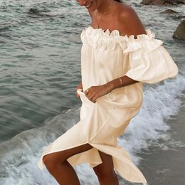 Women Casual Solid Slit Long Dress Hawaii Sweet Ruffles One Shoulder Vocation Summer Short Sleeve Cotton Line 240424