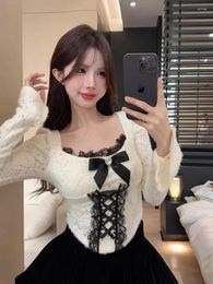 Women's Sweaters Knitted Pull Femme Sexy Square Collar Bow Slimming Bottom Shirt Autumn Winter Slim Solid White Pullover