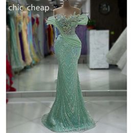 Ebi Mint Sheer Aso Neck Mermaid Prom Dress Beaded Crystals Evening Formal Party Second Reception Birthday Engagement Gowns Dresses Robe De Soiree Zj Es