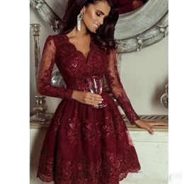 Homecoming Dresses Bury Long V Neck Sleeves Lace Applique Sequins Illusion Tail Party Graduation Formal Evening Wear