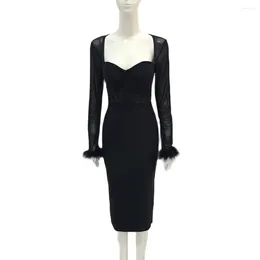 Casual Dresses Long Sleeve Black Mesh Feather Bandage Dress Elegant Fashion Bodycon Stretch Wholesale Knee Length Sexy