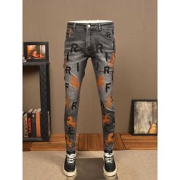 Men's Pants 2024 New Embroidered Mens Jeans Fashion Brand Elastic Slim Retro Casual Street Black Grey Q240429