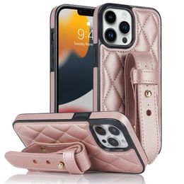 Fashion design Light luxury wristband adjustable Cross line Leather cases suitable for Apple iphone14/15Promax mobile phone full protection Kick stand wrist loop