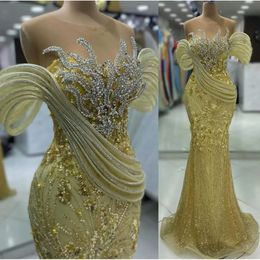 Ebi Mermaid Aso 2024 Gold Prom Dress Crystals Cheer Neck Evening Party Second Section Second Birthday Condragement Dresses Robe de Soiree Zj88 ES