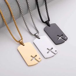 Pendant Necklaces Classic Square Hollow Cross Military Plate Stainless Steel Pendant Necklace for Men Trend Punk Double Pendant Necklace Jewellery Y240420