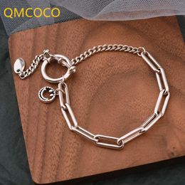 Link Bracelets QMCOCO Silver Colour 2024 Splicing Chain Trendy Vintage Couples Simple OT Buckle Design Birthday Party Jewellery