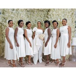 Dresses African Size Bridesmaid Ivory Short Plus Sleeveless Tea Length Bateau Lace Applique Sash Maid Of Honor Gown Wedding Party Vestido